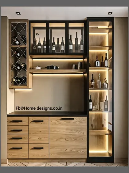 For those who love to entertain, we design custom home bar and crockery units. This setup features integrated wine racks, glass-front cabinets with accent lighting, and ample concealed storage, adding a touch of sophistication to your home.