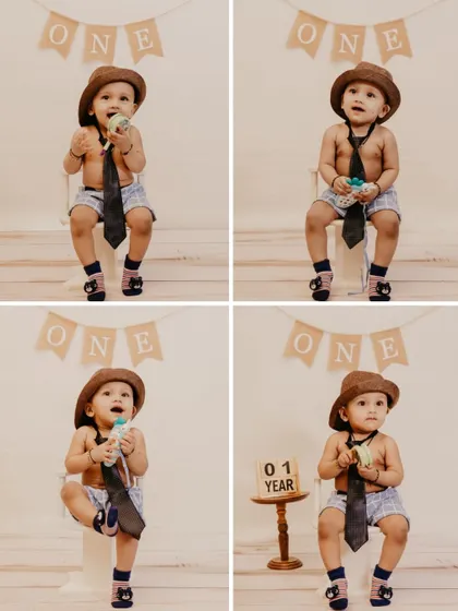 A four-photo collage of a baby boy in a hat and tie, capturing various cute expressions during his first birthday studio session.
