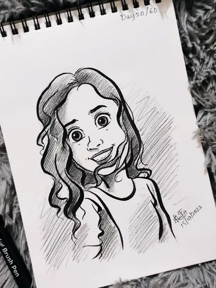 This caricature captures a bright, bubbly personality. The wide eyes and happy smile are infectious.