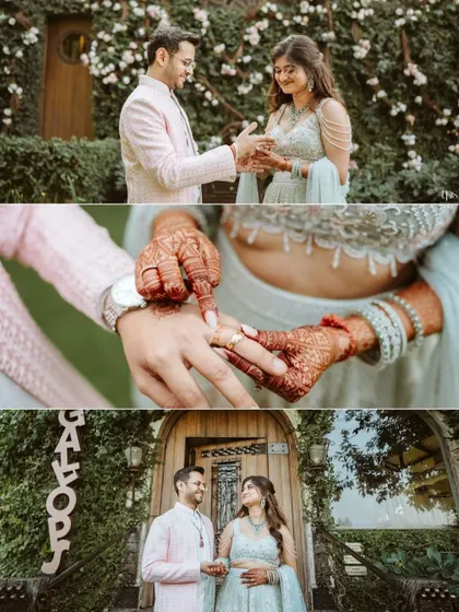 The story of the ring exchange between Avi and Devika. This collage focuses on the details, from the overall moment to the close-up of their hands, marking their official engagement.