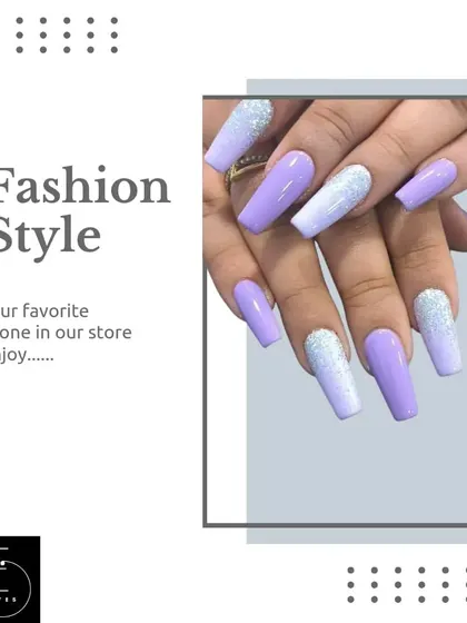 Get your favorite fashion-forward nails done in our store. This lavender and silver glitter set is a perfect example of our stylish offerings.