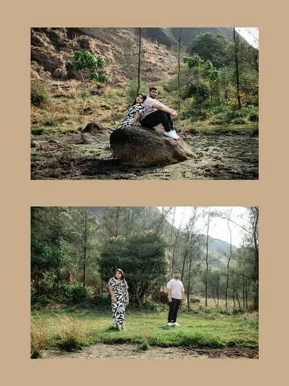 A collage showing a couple's playful and romantic moments in a rustic, natural setting.