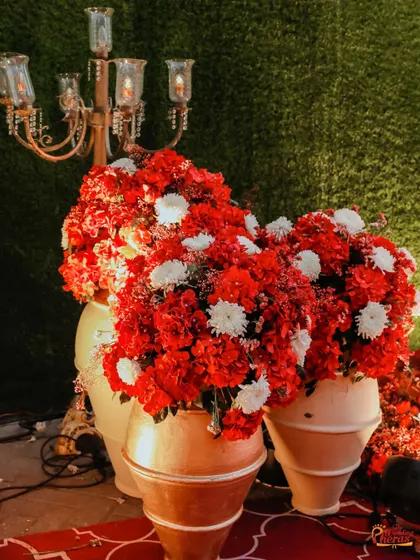 Large urns filled with vibrant red and white carnations, paired with classic candelabras, add a touch of grandeur and color to the event space.