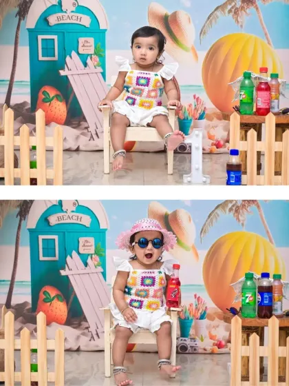 A before-and-after look at the beach theme. The top photo shows the clean portrait, and the bottom shows the fun, expressive moment just before the cake smash begins.