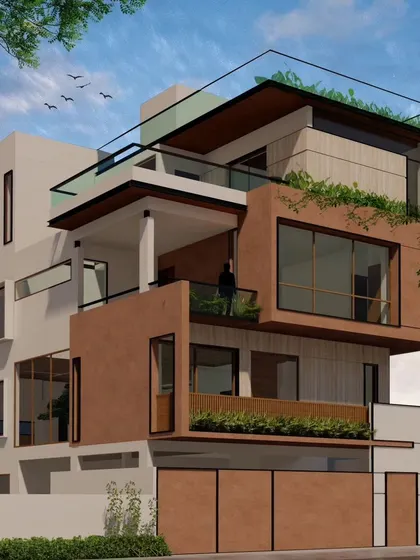 The facade for Sai Residence is crafted with travertine, textured paint, and wooden rafters. The projecting balconies and full-height windows are designed to foster a strong connection between the interior spaces and the exterior.