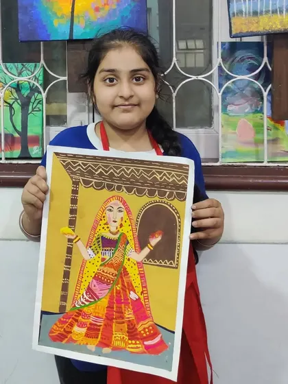 A lovely piece of traditional Indian art for Holi, showing a woman dressed in festive attire. I love guiding students to explore different cultural art forms.