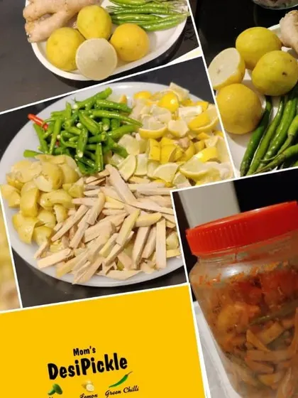 A collage showing the fresh ingredients for our healthy mixed pickle: lemon, ginger, and green chillies. It's a simple, no-oil pickle.