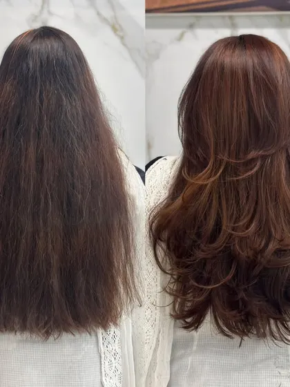 The back view of the total radiance transformation, showing off the new color and voluminous layers.