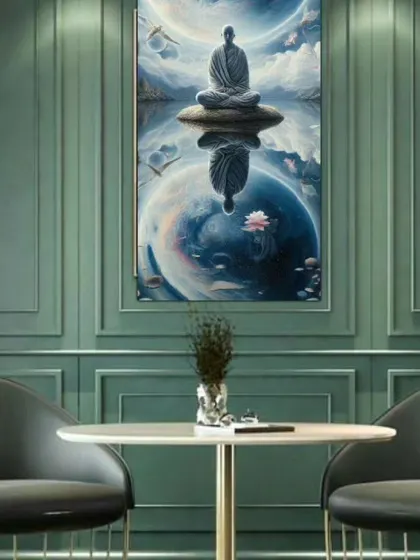 This surreal Buddha painting, reflecting on a cosmic plane, is a beautiful representation of inner peace and universal connection. It's a perfect example of contemporary spiritual art.
