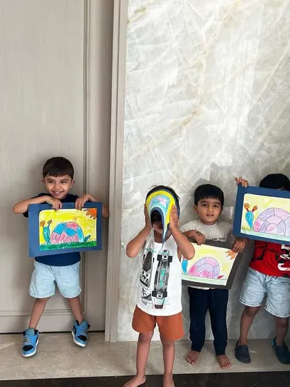 A group of happy students showing off their finished pieces. Our workshops are perfect for playdates or small groups, providing a fun, screen-free, and creative activity for friends.