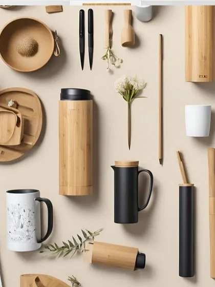 A flat-lay showcasing the aesthetic of our bamboo product range. This image captures the modern, minimalist, and natural feel of our collection, which includes drinkware, pens, and other desk accessories.