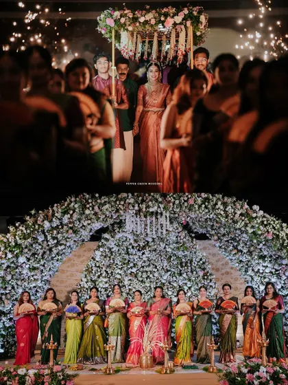 A collage showing the bride's grand entrance and her beautiful bridesmaids, capturing the scale and beauty of the ceremony.