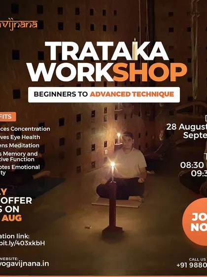A poster for my Trataka workshop, designed for beginners to advanced practitioners. It highlights the key benefits, such as enhanced concentration, improved eye health, and deeper meditation.