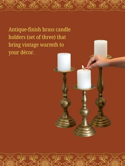 This set of three antique-finish brass candle holders brings vintage warmth to your decor. Their classic shape and finish are perfect for creating a romantic, candlelit atmosphere.