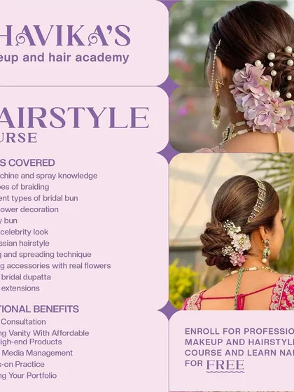 A flyer detailing the comprehensive hairstyle course curriculum, covering everything from braiding and bridal buns to fixing extensions.