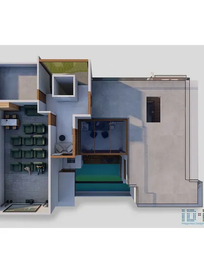 A 3D floor plan showing the layout of the home theatre and other spaces on the upper level of Mr. Vinod's residence.
