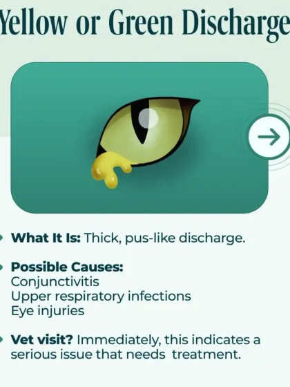 Yellow or green eye discharge is a serious sign that needs immediate veterinary attention. It often indicates an infection like conjunctivitis or an eye injury that requires treatment.