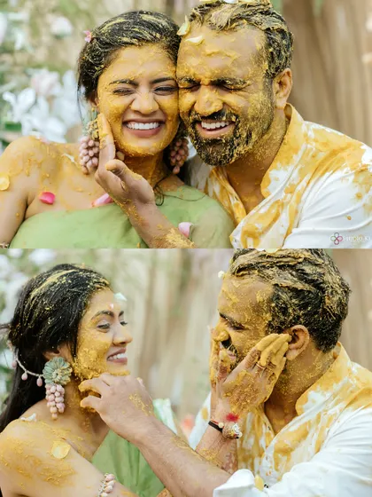 A collage of candid moments from a fun-filled Haldi ceremony in Vietnam, with the couple playfully applying turmeric to each other.