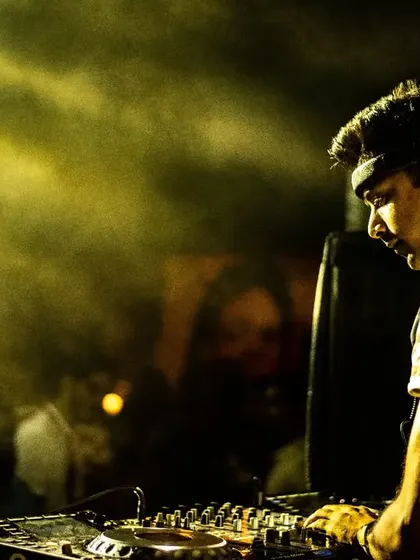 A beautifully lit shot of me at the console, bathed in golden light and smoke. This captures the almost spiritual connection I feel with the music.