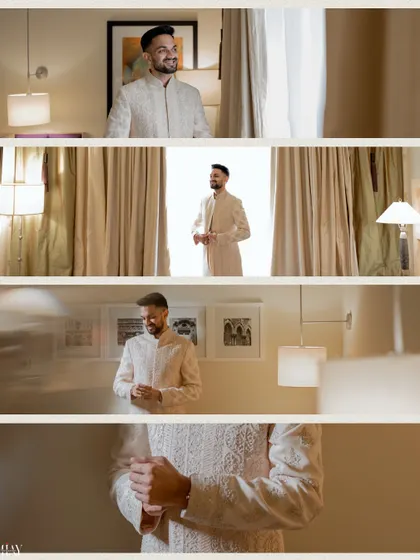 A collage of the groom's getting-ready moments, captured with soft, beautiful lighting.