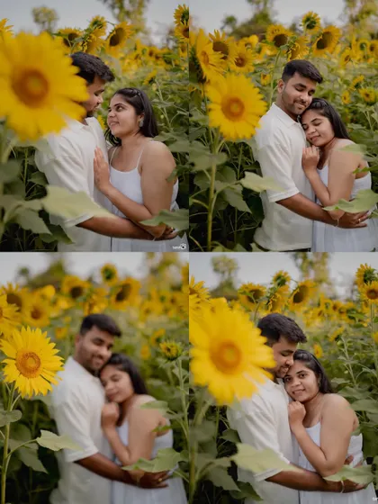 A collage of four intimate portraits of the couple embracing amidst a field of sunflowers, capturing their love from different angles.