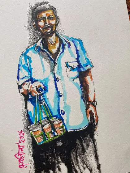 'The chai wale bhaiyya' (the tea-serving brother). A fun pen and ink sketch, a medium I don't use as often but enjoy immensely. It captures the familiar figure who is a part of daily life across India.