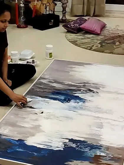 A behind the scenes look at me working on a large abstract commission. I often paint large canvases on the floor, which allows me to move around and apply broad, expressive strokes to build up texture and color.
