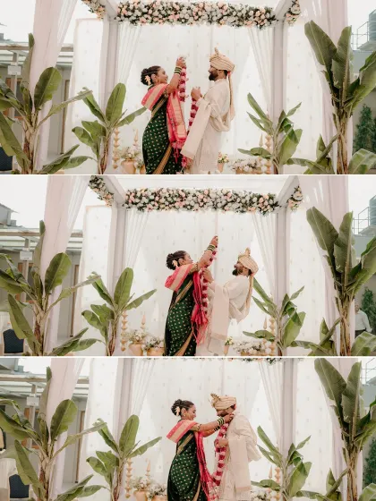 A playful collage of the 'Varmala' exchange, where the couple lifts each other up. It’s a fun tradition that always results in great, candid photos.