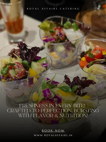 Freshness in every bite. These individual salad cups are crafted with a mix of fresh greens, quinoa, corn, and tomatoes, offering a healthy and nutritious option for your guests.