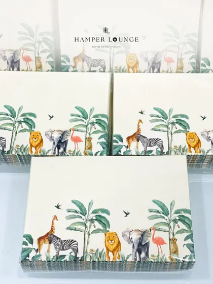 This image shows the beautiful safari-themed boxes I designed for a child's birthday party. The watercolor-style jungle animals create a playful yet sophisticated look for return gifts.