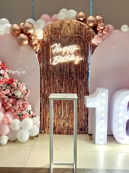 My 16th birthday designs are all about making a statement. I use trendy elements like shimmer walls, neon signs, and beautiful color combinations to create the perfect party backdrop.