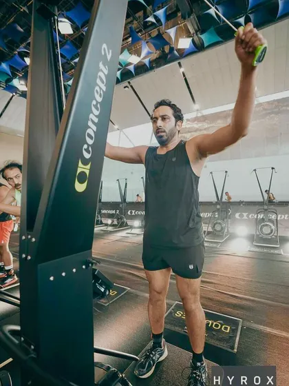 Getting ready for the SkiErg portion of the Hyrox race. This machine simulates cross-country skiing and is a brutal test of endurance.