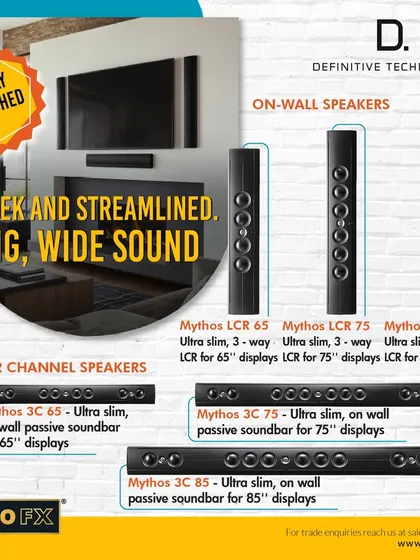 A closer look at the newly launched Definitive Technology Mythos series. These sleek, streamlined on-wall and center channel speakers are designed to deliver big, wide sound that complements modern home theater setups.