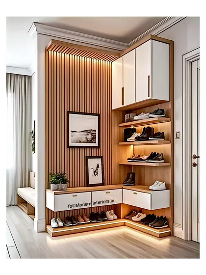 This corner shoe storage unit stands out with its sleek design and warm, integrated lighting. The combination of open shelves and closed cabinets makes it incredibly functional.