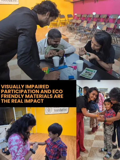 Our eco-friendly Rakhi making workshop was all about impact. This collage shows our volunteers working alongside visually impaired participants, crafting with sustainable materials and celebrating together. This is inclusion in its purest form.
