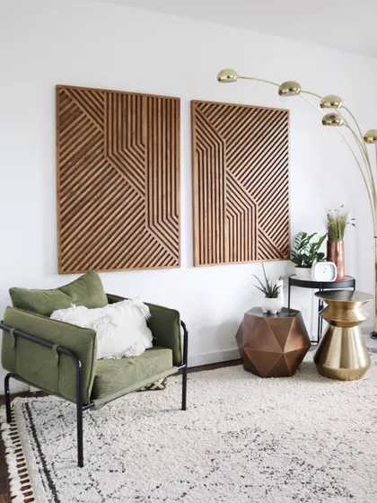 This two-piece chic art set is shown in a full room context, demonstrating how it can fill a large wall space with modern elegance.