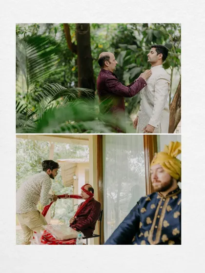 A collage of the groom, Tushar, getting ready for his intimate wedding, including a playful moment with a blindfolded guest.