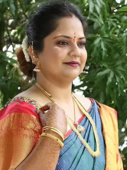 A graceful and mature makeup look for a client attending her son's Upanayanam (sacred thread ceremony). The focus is on elegant, age-appropriate makeup that looks sophisticated and timeless.