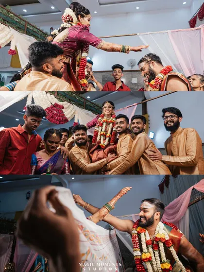The Kanyādāna ritual, where the bride's family gives her away. I capture the fun and emotion of this moment as the groom's friends lift him up.