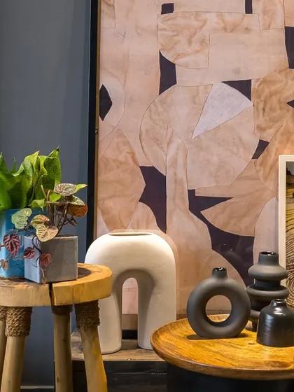 A close-up of the decor, highlighting the mix of materials and the interplay of different shapes and textures.