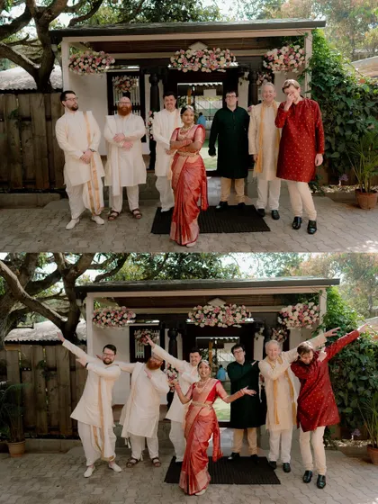 The bride, Nimisha, with the groom's family and friends, all dressed in Indian attire. A beautiful picture of two cultures coming together.