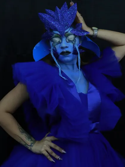 An avant-garde fantasy look, created using airbrushing and custom-made prosthetics. This is where makeup becomes high art.