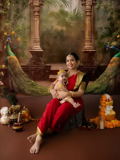 A grand and artistic portrait with a mother and her baby Krishna, flanked by beautiful peacock backdrops.