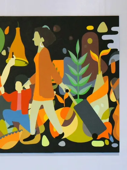 This panel from the BIAL mural depicts the constant flow of travelers and the vibrant life of the airport. The abstract style allowed employees from all departments to contribute easily and effectively.