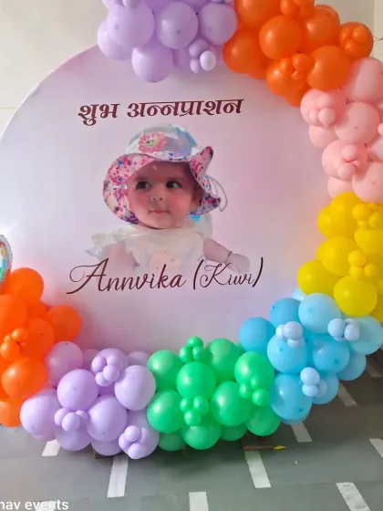 A close-up view of the custom backdrop for the Annaprashan ceremony.