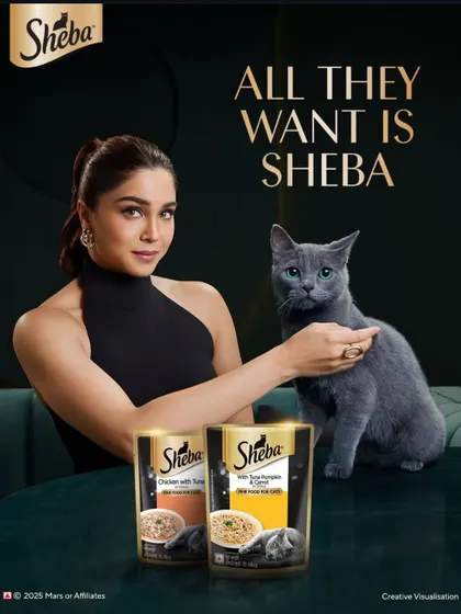 A sophisticated campaign image for Sheba cat food featuring Sharvari. The challenge here was to create a luxurious feel while ensuring both the celebrity and the cat were perfectly composed.