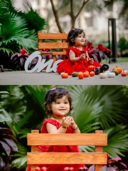 A two-photo collage of a baby girl in a stunning red dress, posing with a "One" sign and a small wooden bench.