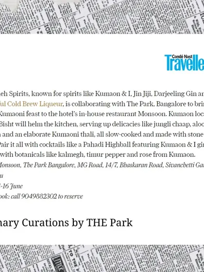 A snippet from the Condé Nast Traveller article detailing the collaboration with Himmaleh Spirits and the unique botanicals used in the cocktails.