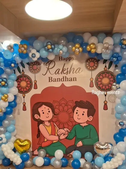 Here is a closer look at the Raksha Bandhan balloon backdrop. The detailed balloon work includes small flower-like clusters made of blue and gold balloons, adding a special touch to the overall design.