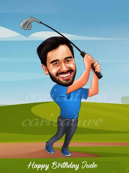 A birthday caricature for a golf enthusiast, showing him in action on the green. The perfect gift for someone passionate about their hobbies.